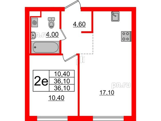 Квартира в ЖК Заречный парк, 1 комнатная, 36.1 м², 15 этаж