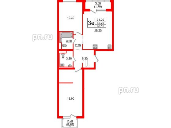 Квартира в ЖК Заречный парк, 2 комнатная, 68.1 м², 9 этаж