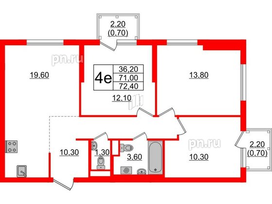 Квартира в ЖК Заречный парк, 3 комнатная, 72.4 м², 11 этаж