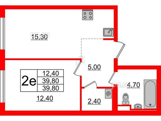 Квартира в ЖК Заречный парк, 1 комнатная, 39.8 м², 12 этаж