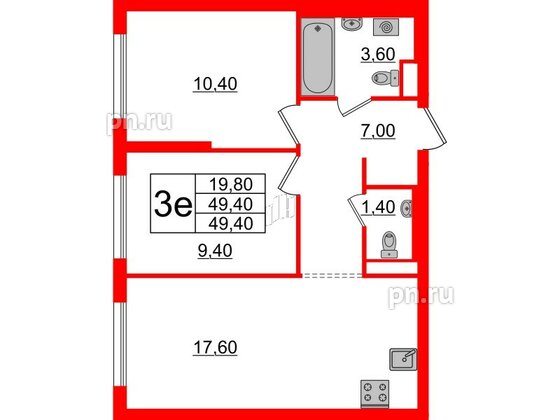 Квартира в ЖК Заречный парк, 2 комнатная, 49.4 м², 11 этаж