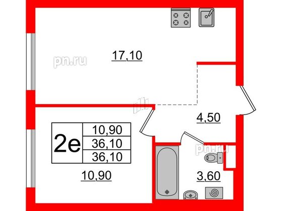 Квартира в ЖК Заречный парк, 1 комнатная, 36.1 м², 15 этаж