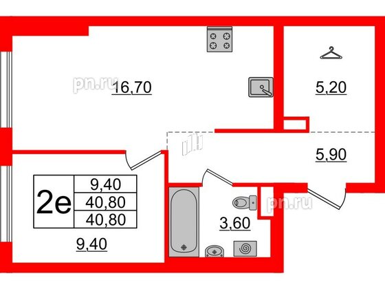 Квартира в ЖК Заречный парк, 1 комнатная, 40.8 м², 9 этаж