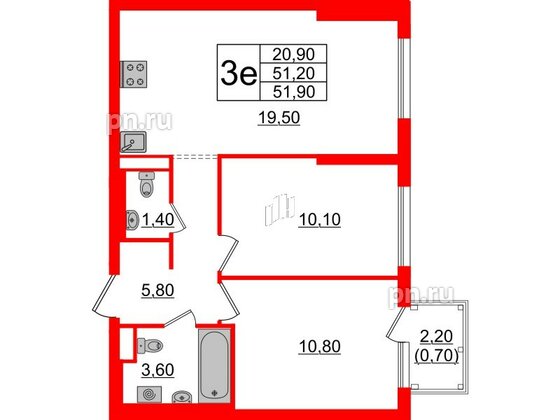 Квартира в ЖК Заречный парк, 2 комнатная, 51.9 м², 15 этаж