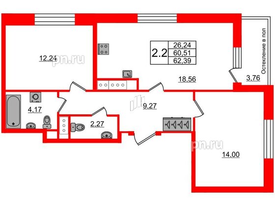 Квартира в ЖК «Сенат в Московском», 2 комнатная, 60.51 м², 2 этаж