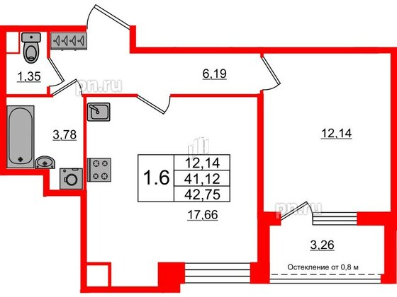 Квартира в ЖК «Сенат в Московском», 1 комнатная, 41.12 м², 1 этаж