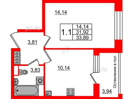 Квартира в ЖК «Сенат в Московском», 1 комнатная, 31.92 м², 1 этаж