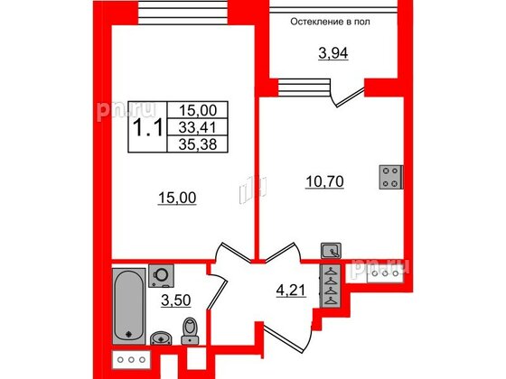 Квартира в ЖК «Сенат в Московском», 1 комнатная, 33.41 м², 2 этаж