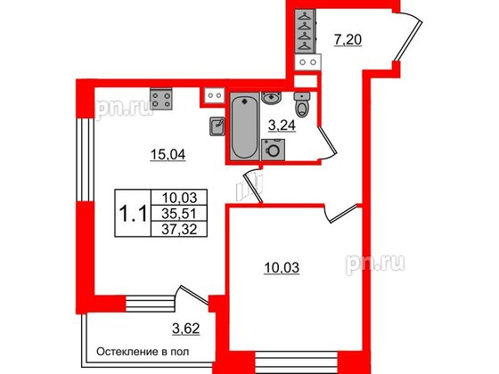 Квартира в ЖК «Сенат в Московском», 1 комнатная, 35.51 м², 3 этаж