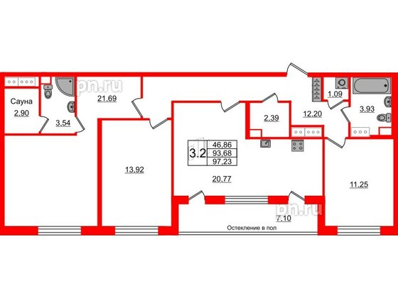 Квартира в ЖК «Сенат в Московском», 3 комнатная, 93.68 м², 9 этаж