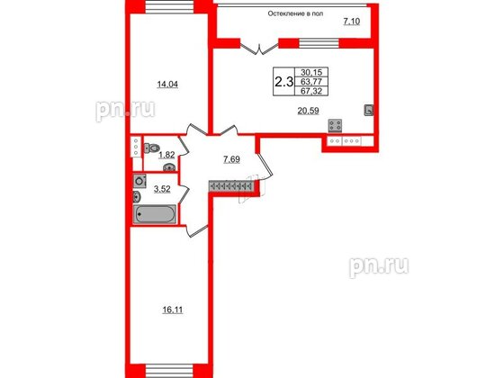 Квартира в ЖК «Сенат в Московском», 2 комнатная, 63.77 м², 6 этаж