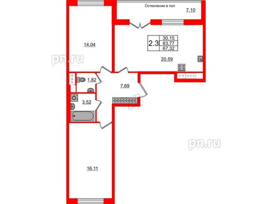 Квартира в ЖК «Сенат в Московском», 2 комнатная, 63.77 м², 12 этаж