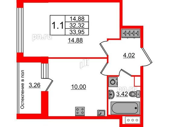 Квартира в ЖК «Сенат в Московском», 1 комнатная, 32.32 м², 12 этаж