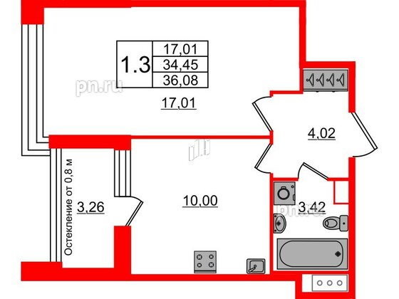 Квартира в ЖК «Сенат в Московском», 1 комнатная, 34.45 м², 3 этаж