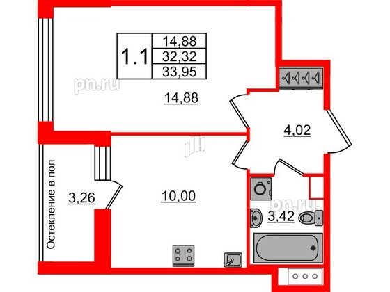 Квартира в ЖК «Сенат в Московском», 1 комнатная, 32.32 м², 12 этаж