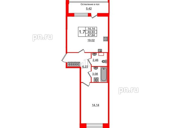 Квартира в ЖК «Сенат в Московском», 1 комнатная, 44.93 м², 2 этаж