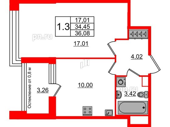 Квартира в ЖК «Сенат в Московском», 1 комнатная, 34.45 м², 2 этаж