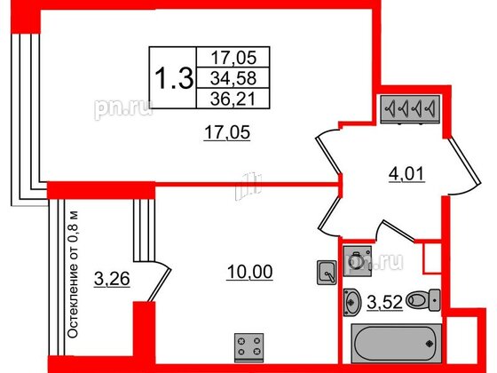 Квартира в ЖК «Сенат в Московском», 1 комнатная, 34.58 м², 2 этаж