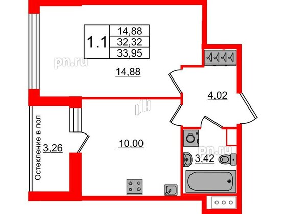 Квартира в ЖК «Сенат в Московском», 1 комнатная, 32.32 м², 12 этаж