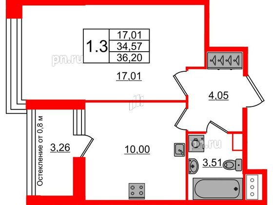 Квартира в ЖК «Сенат в Московском», 1 комнатная, 34.57 м², 8 этаж