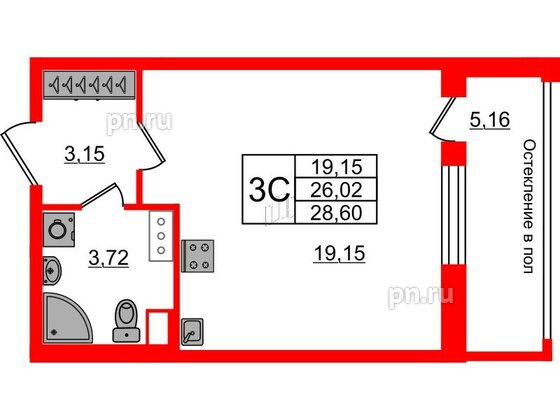 Квартира в ЖК «Сенат в Московском», студия, 26.02 м², 10 этаж