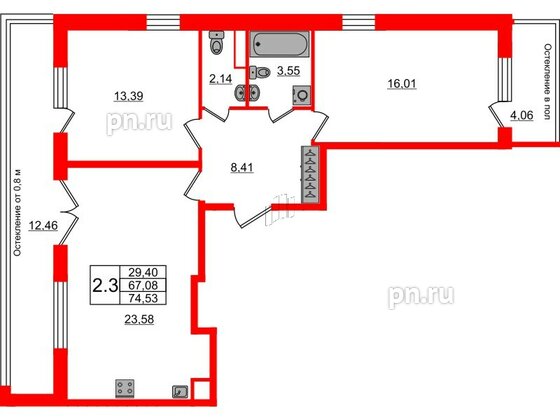 Квартира в ЖК «Сенат в Московском», 2 комнатная, 67.08 м², 1 этаж