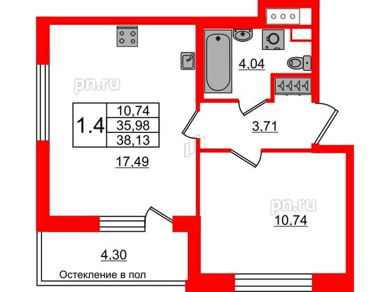 Квартира в ЖК «Сенат в Московском», 1 комнатная, 35.98 м², 12 этаж