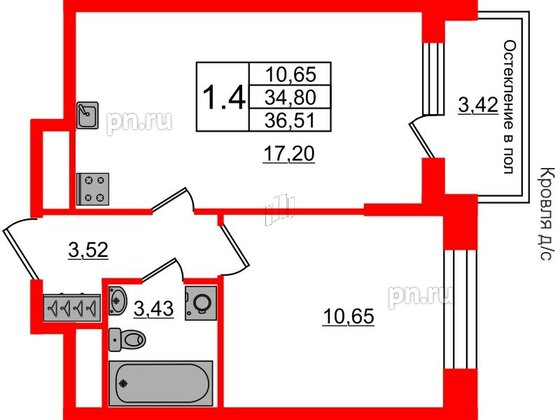 Квартира в ЖК «Сенат в Московском», 1 комнатная, 34.8 м², 3 этаж