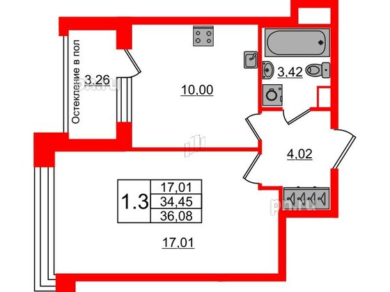 Квартира в ЖК «Сенат в Московском», 1 комнатная, 34.45 м², 3 этаж