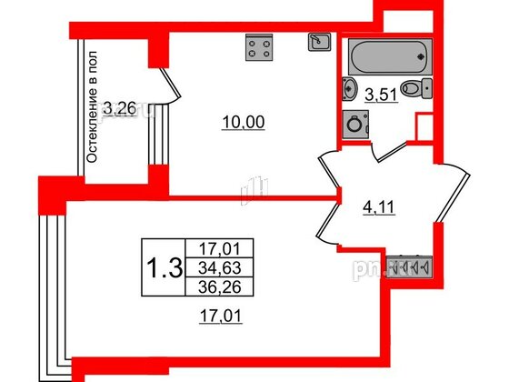 Квартира в ЖК «Сенат в Московском», 1 комнатная, 34.63 м², 3 этаж