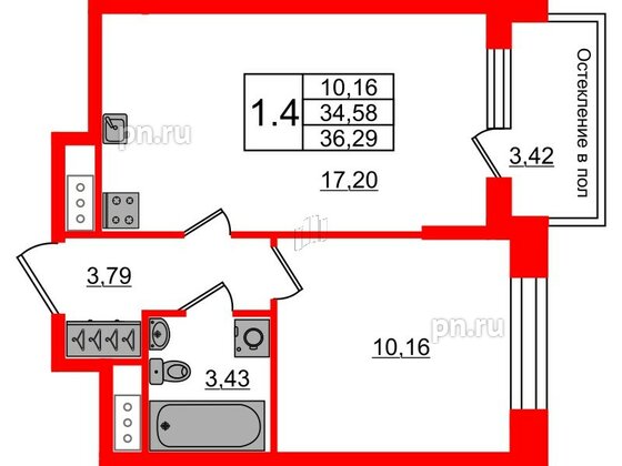 Квартира в ЖК «Сенат в Московском», 1 комнатная, 34.58 м², 4 этаж