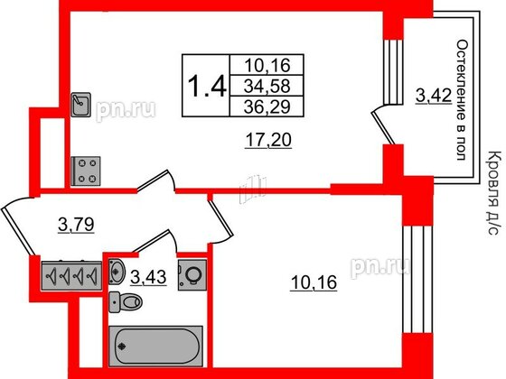 Квартира в ЖК «Сенат в Московском», 1 комнатная, 34.58 м², 3 этаж