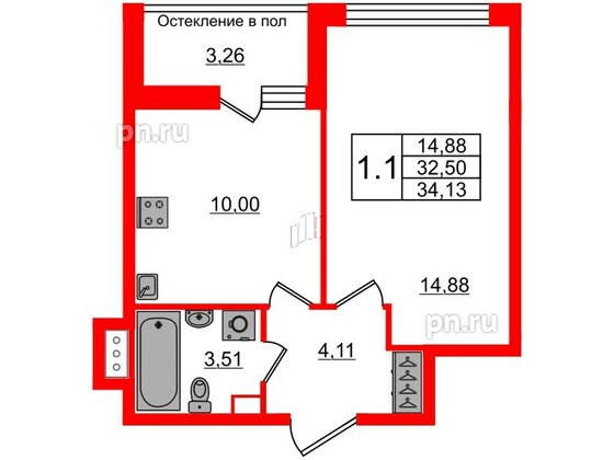 Квартира в ЖК «Сенат в Московском», 1 комнатная, 32.5 м², 11 этаж