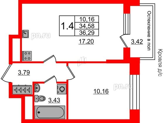 Квартира в ЖК «Сенат в Московском», 1 комнатная, 34.58 м², 3 этаж