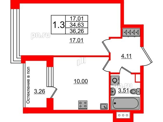 Квартира в ЖК «Сенат в Московском», 1 комнатная, 34.63 м², 5 этаж