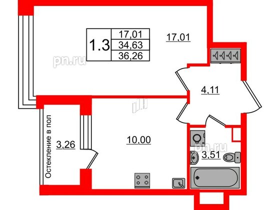 Квартира в ЖК «Сенат в Московском», 1 комнатная, 34.63 м², 3 этаж