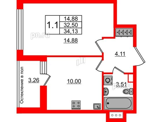 Квартира в ЖК «Сенат в Московском», 1 комнатная, 32.5 м², 10 этаж