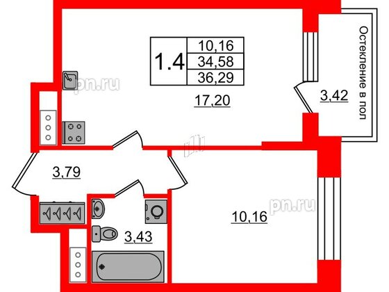 Квартира в ЖК «Сенат в Московском», 1 комнатная, 34.58 м², 4 этаж