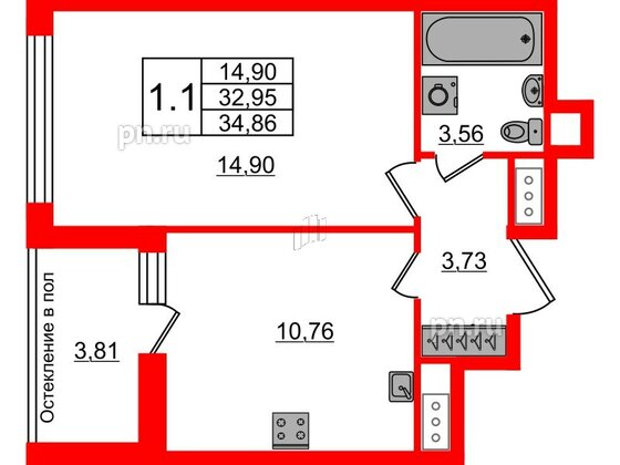 Квартира в ЖК «Сенат в Московском», 1 комнатная, 32.95 м², 12 этаж