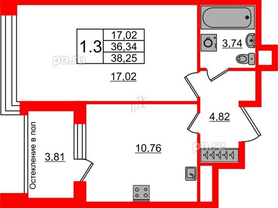 Квартира в ЖК «Сенат в Московском», 1 комнатная, 36.34 м², 3 этаж