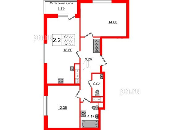 Квартира в ЖК «Сенат в Московском», 2 комнатная, 60.63 м², 10 этаж