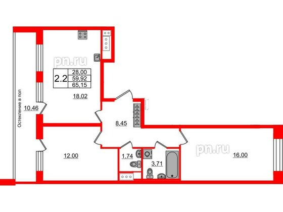 Квартира в ЖК «Сенат в Московском», 2 комнатная, 59.8 м², 4 этаж