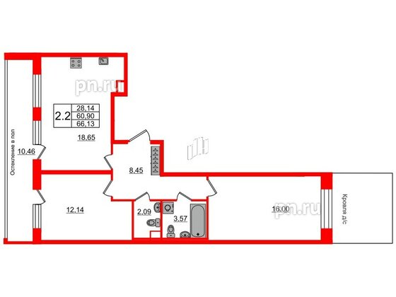 Квартира в ЖК «Сенат в Московском», 2 комнатная, 60.9 м², 3 этаж