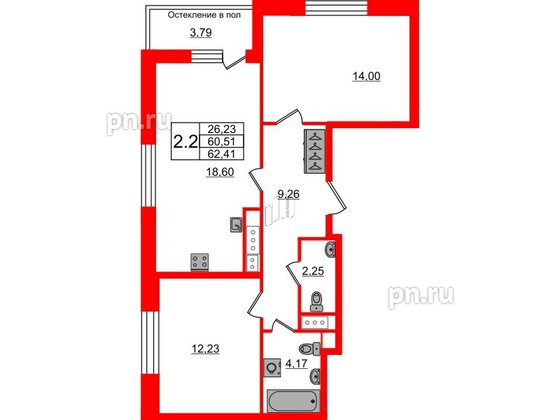 Квартира в ЖК «Сенат в Московском», 2 комнатная, 60.51 м², 8 этаж