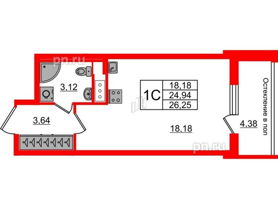 Квартира в ЖК «Сенат в Московском», студия, 24.94 м², 4 этаж