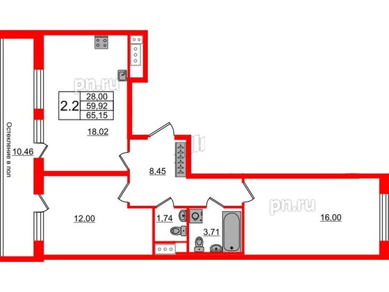 Квартира в ЖК «Сенат в Московском», 2 комнатная, 59.92 м², 9 этаж