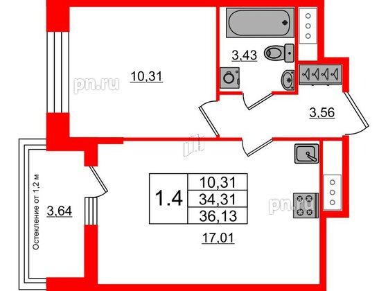 Квартира в ЖК «Сенат в Московском», 1 комнатная, 33.8 м², 7 этаж