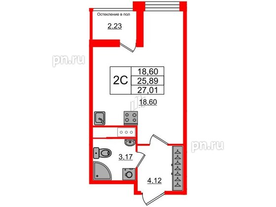 Квартира в ЖК «Сенат в Московском», студия, 25.89 м², 2 этаж