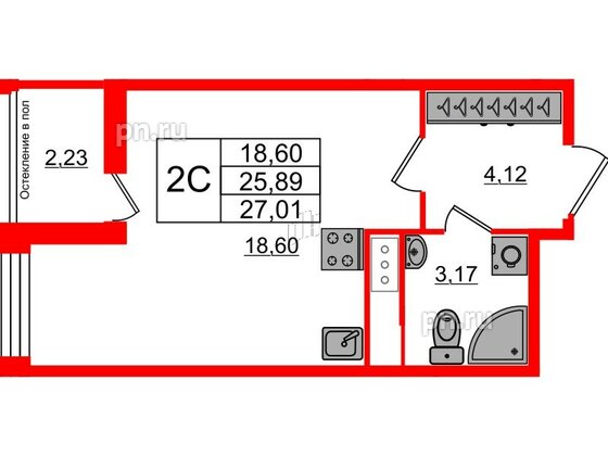 Квартира в ЖК «Сенат в Московском», студия, 25.89 м², 2 этаж