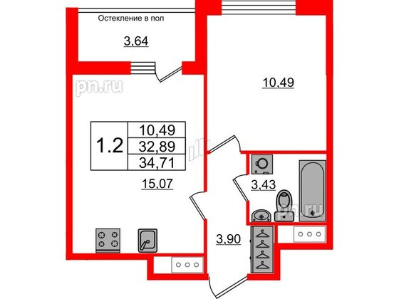 Квартира в ЖК «Сенат в Московском», 1 комнатная, 32.89 м², 10 этаж